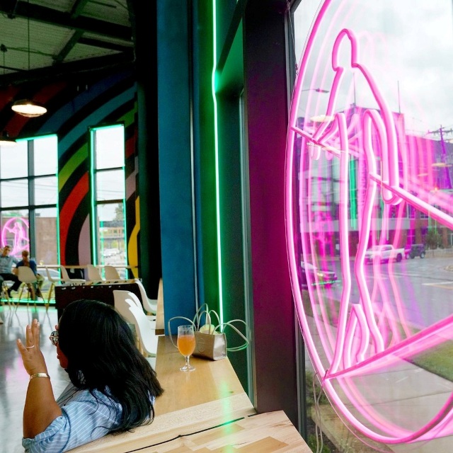 Custom Neon® pink @hiwirebrewing logo in the front window @hiwirebrewing_clt