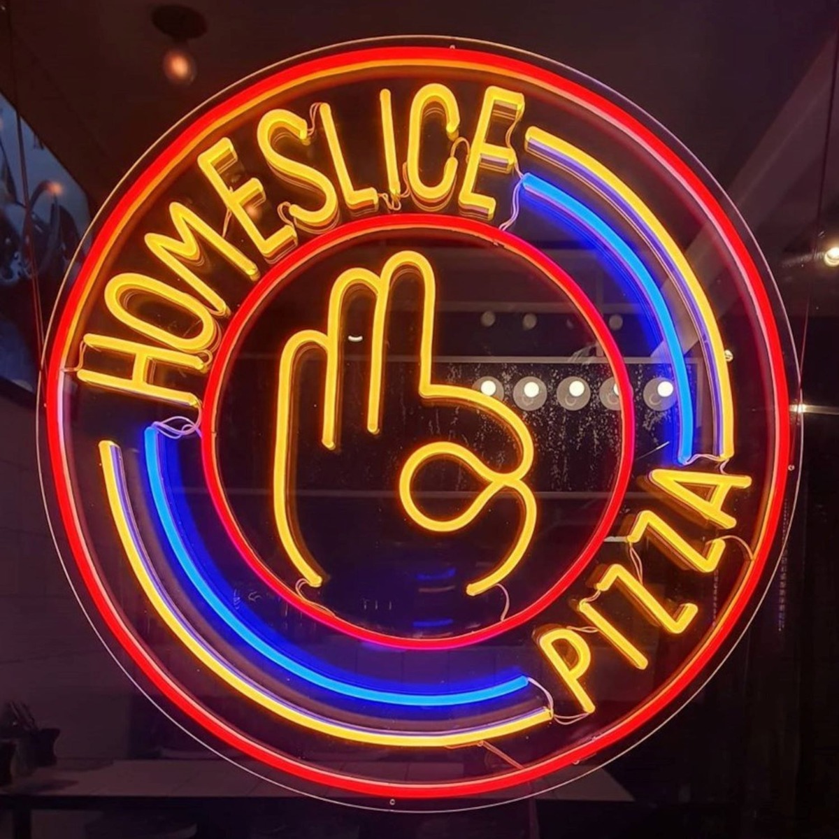 Blue red & yellow Custom Neon® logo for Home Slice Pizza