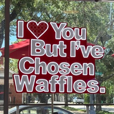 I love you but I've chosen waffles red and white Custom Neon® double-sided LED neon window sign @thewafflebus