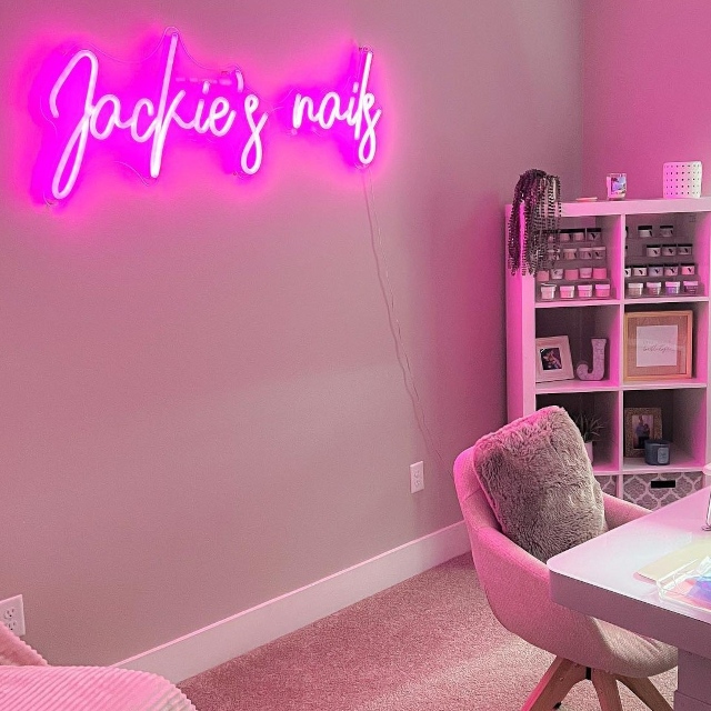 Pink nail salon name sign by Custom Neon® @jackieeenails