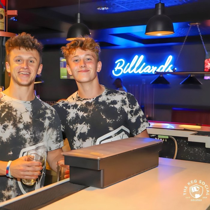 Custom Neon® blue Billiards sign on the wall above the billiards tables @kegsocialorlando