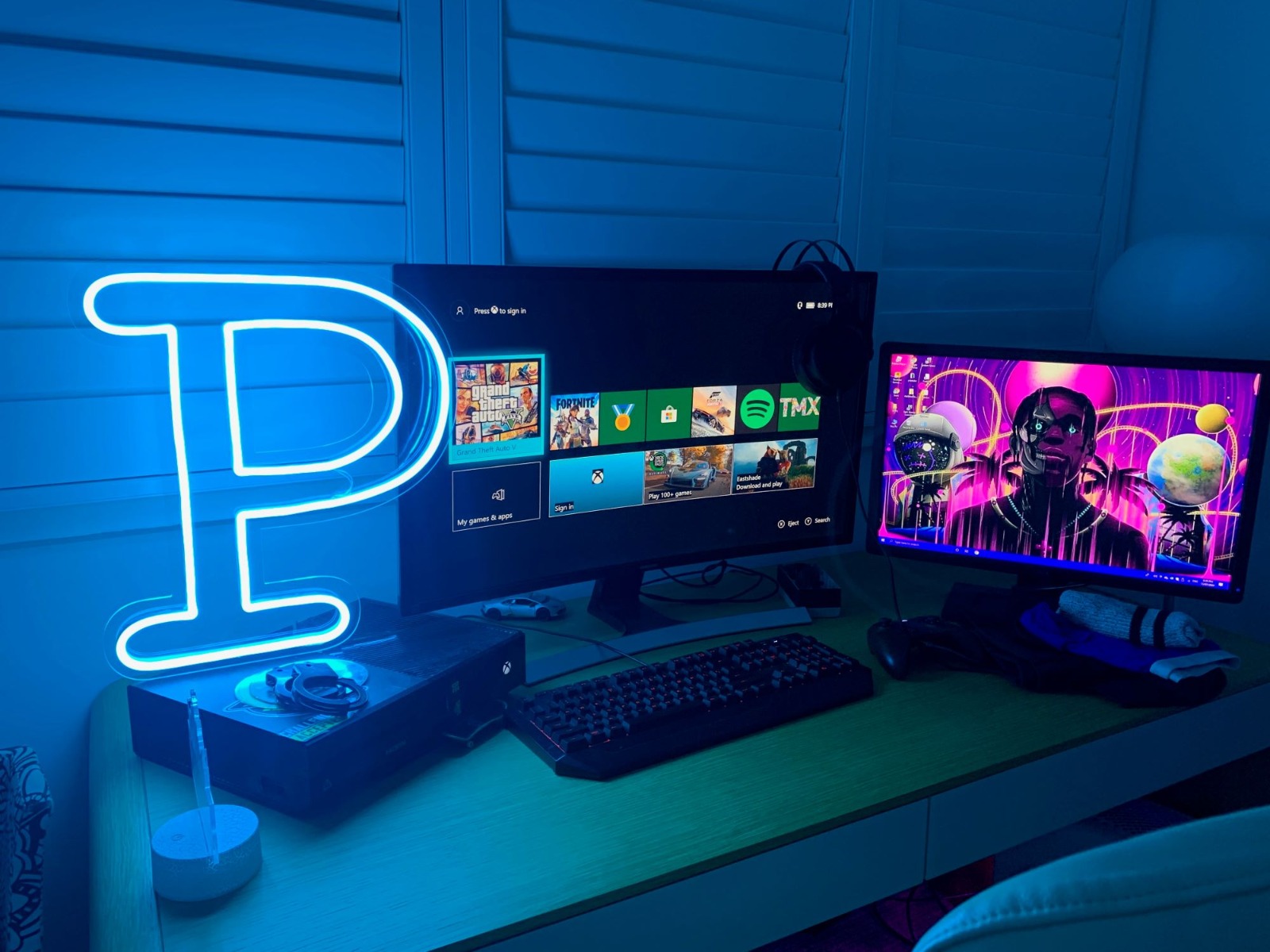 Custom Neon® letter light in gaming setup