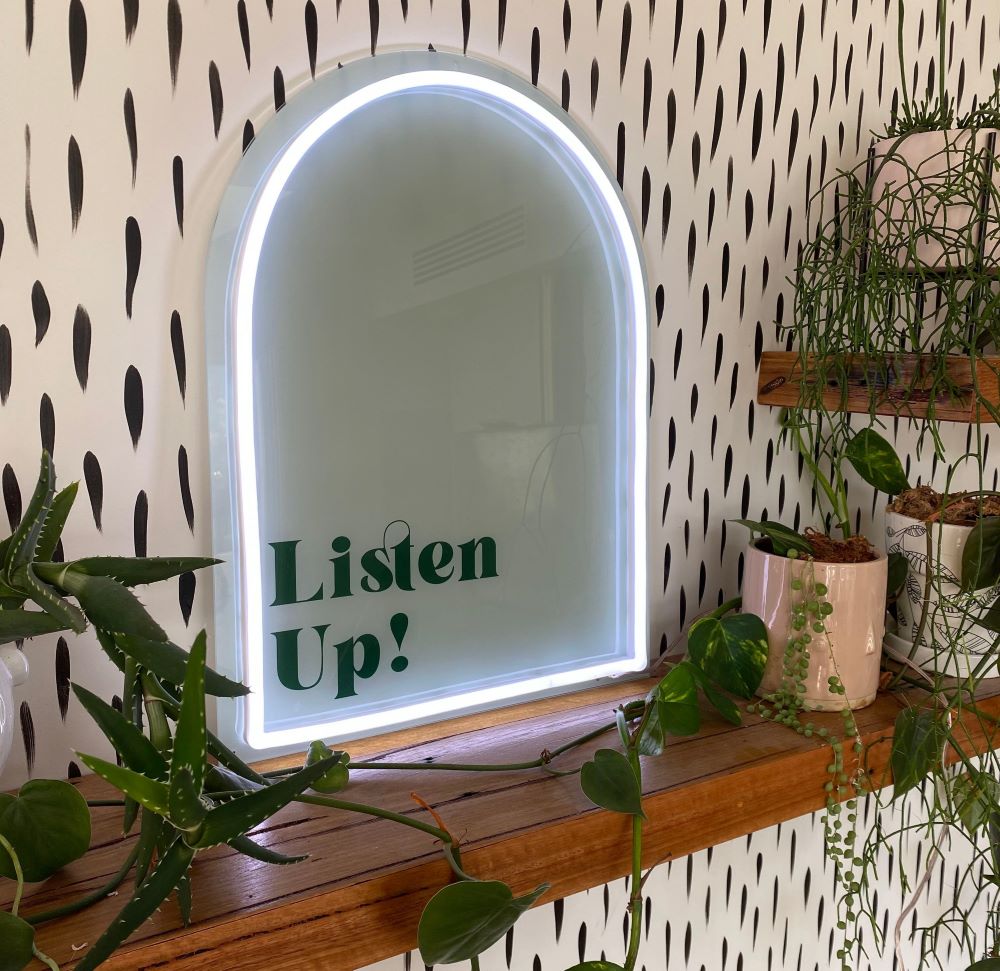 Custom Neon® wall decor with white LED frame green acrylic backboard & UV printed words