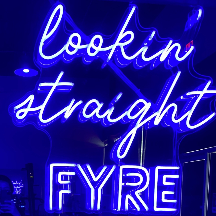 Blue Custom Neon® gym quote sign @fyrefithtx