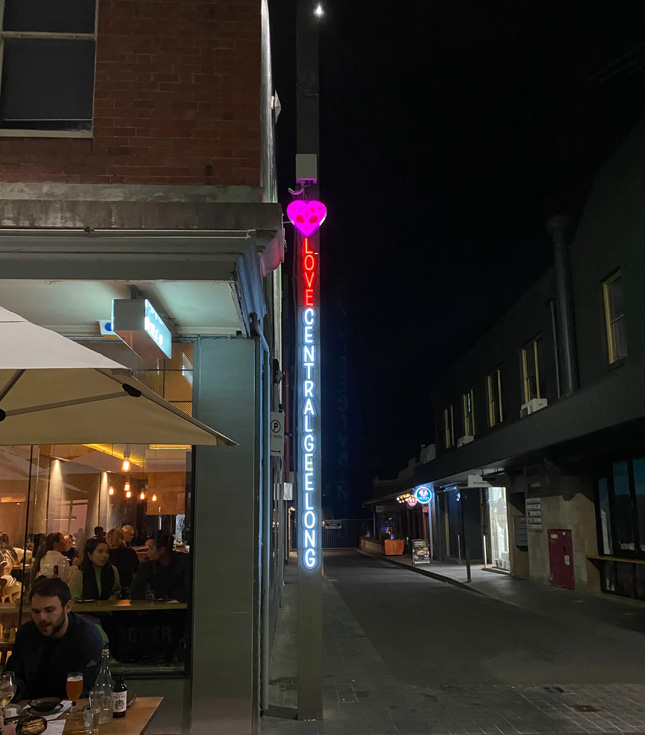 Love Central Geelong branded streetscape lighting made by Custom Neon® @cityofgreatergeeong