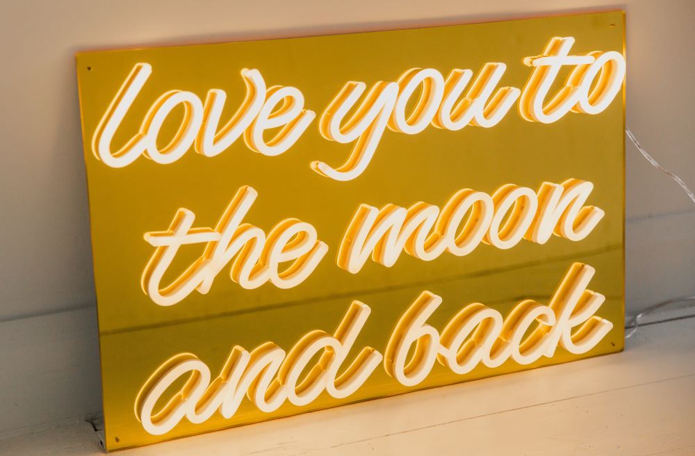 Custom Neon® sign Love You to the Moon and Back white LED on gold backing