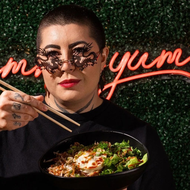 Custom Neon® green wall restaurant selfie sign @moshimoshi.fun