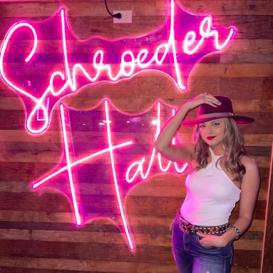 Deep pink Custom Neon® sign on selfie wall @myschroederhall