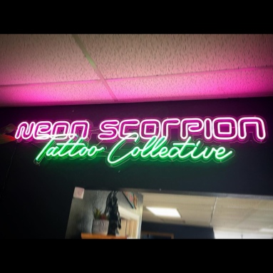 Pink and green LED Custom Neon® Neon Scorpio Tattoo Collective business sign