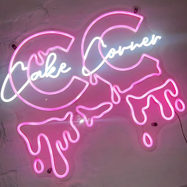 Custom Neon® pink and white LED neon cake shop logo sign @cakecornersouthport
