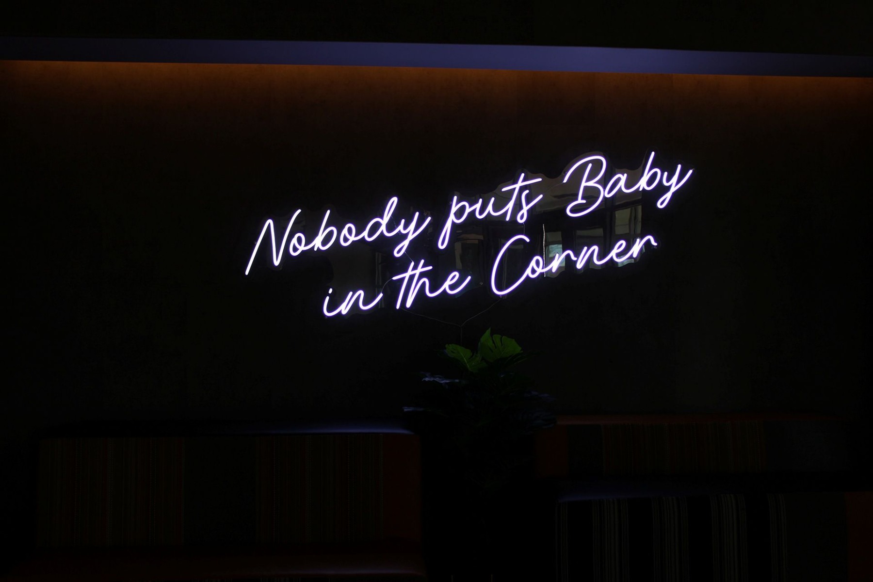 Nobody Puts Baby in the Corner purple script LED neon sign glowing in a dark lounge