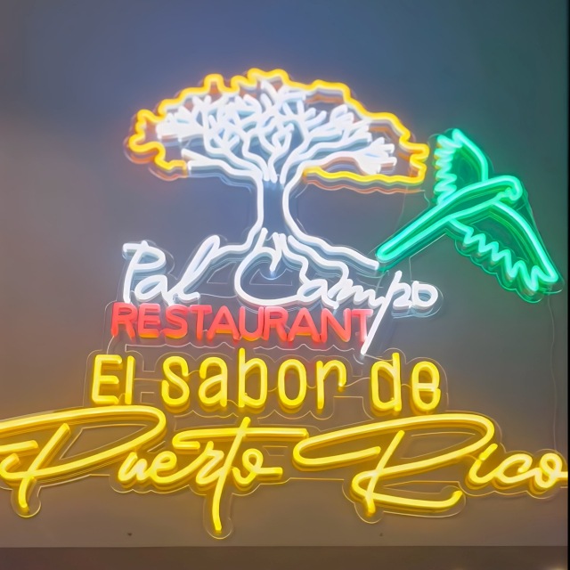 Large colorful Pal Campo El Sabor de Puerto Rico logo made by Custom Neon® @palcamporestaurant Orlando FL
