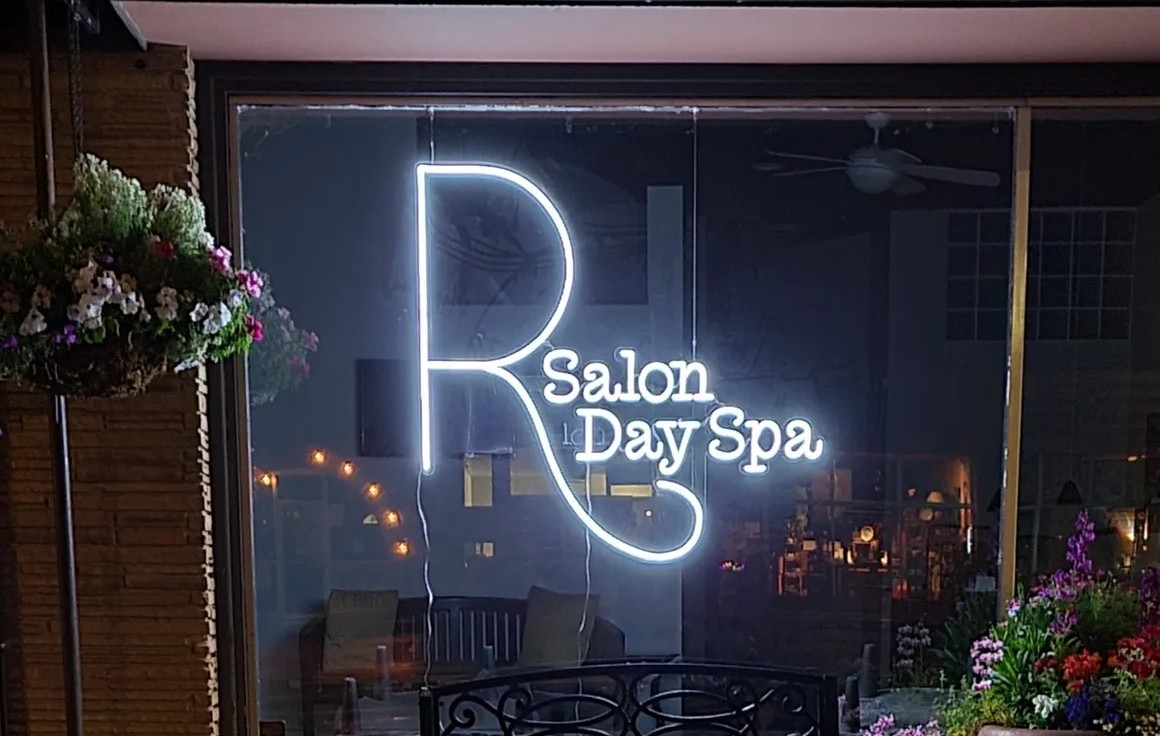 White Custom Neon® window logo sign @rsalondayspa