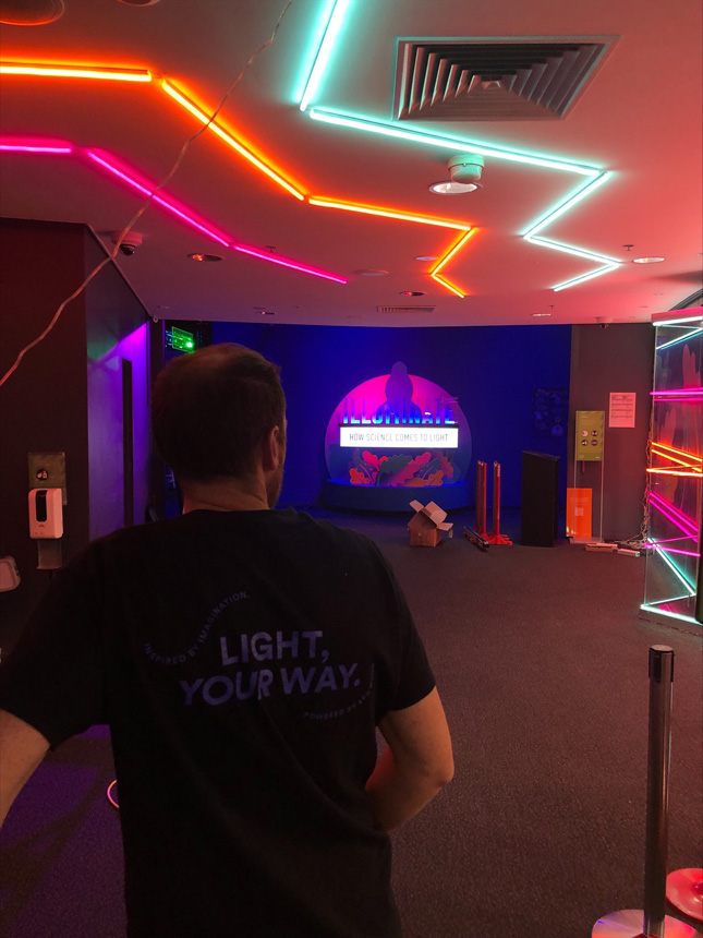 Custom Neon hashtag sign #bigeggenergy on the ceiling @scienceworks_melb