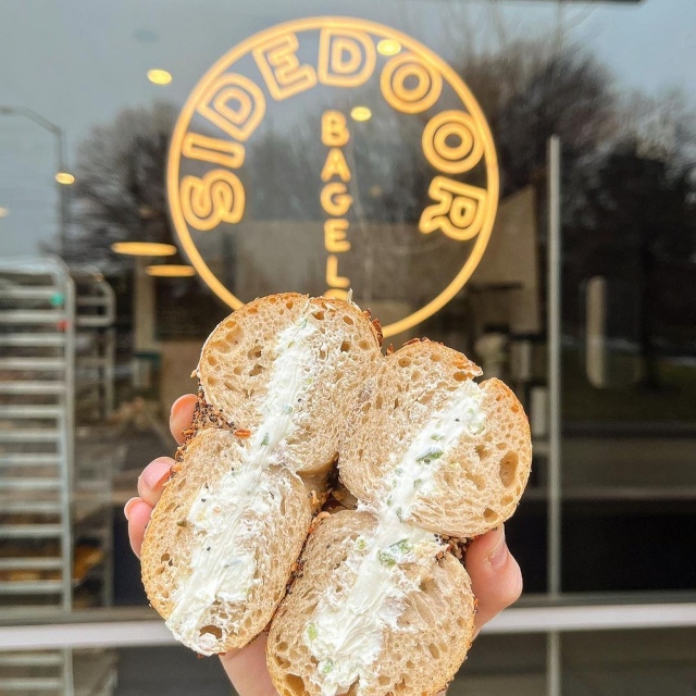 Custom Neon® logo sign in the window @sidedoorbagel