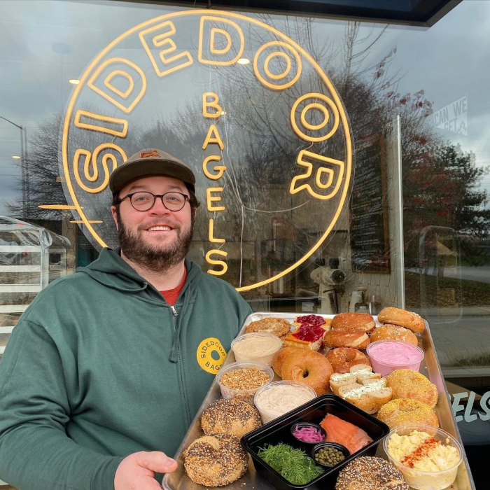 Warm white bakery window sign by Custom Neon® @sidedoorbagel