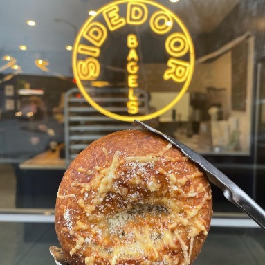 Warm white bakery window sign by Custom Neon® @sidedoorbagel