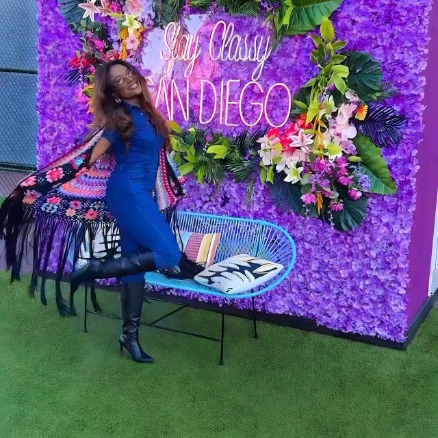 Deep pink outdoor stay classy Custom Neon® floral wall selfie sign @rooftopcinemaclub