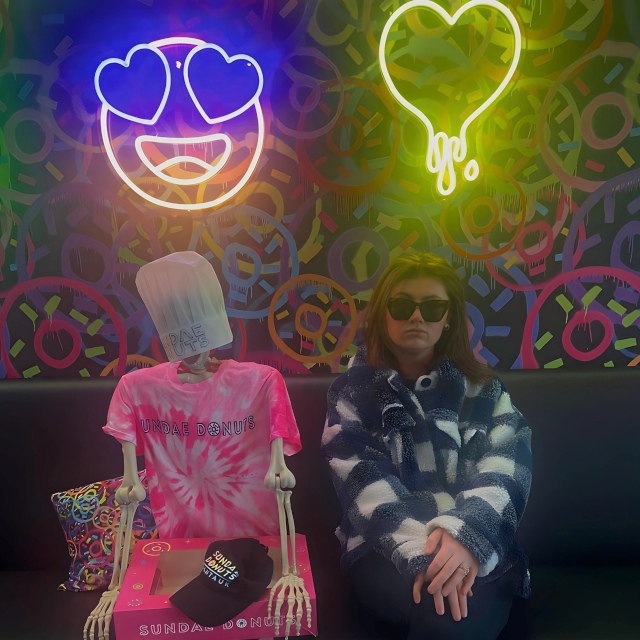 Custom Neon® colourful signs and artwork on bespoke donut wallpaper @sundaedonuts in Pier Village