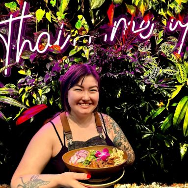 Custom Neon® Thai Me Up tagline selfie sign on greenwall @bodhi.indy