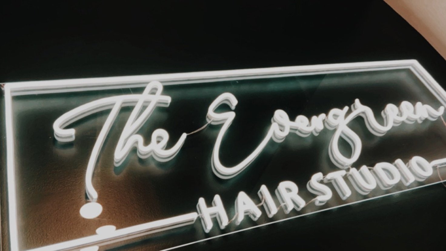 Custom Neon® hair salon logo sign @thevergreenhairstudio