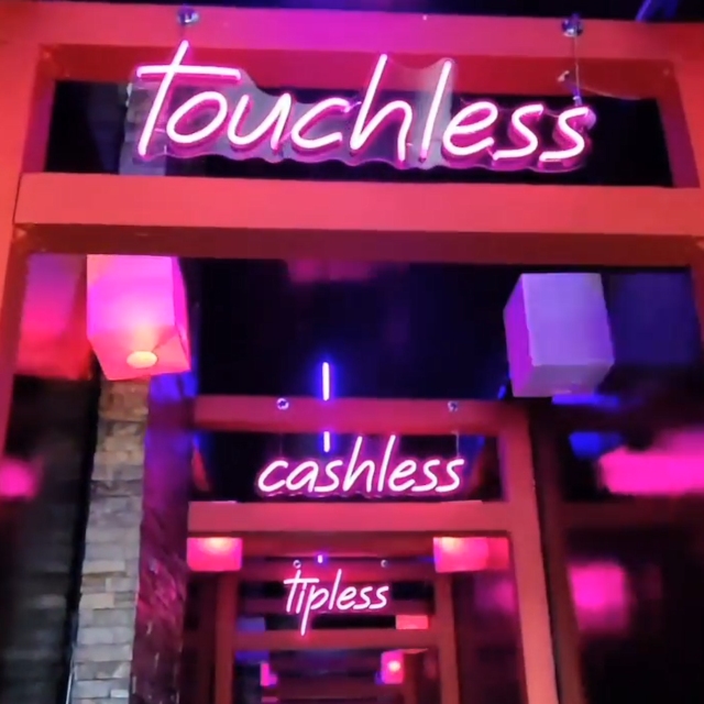 Hanging pink restaurant signs by Custom Neon® @moshimoshi.fun