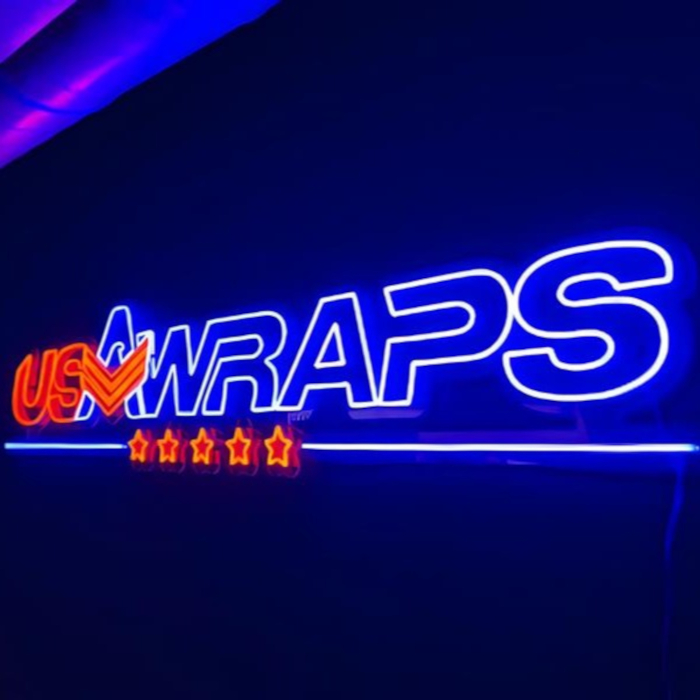 Blue and red USA Wraps logo sign by Custom Neon