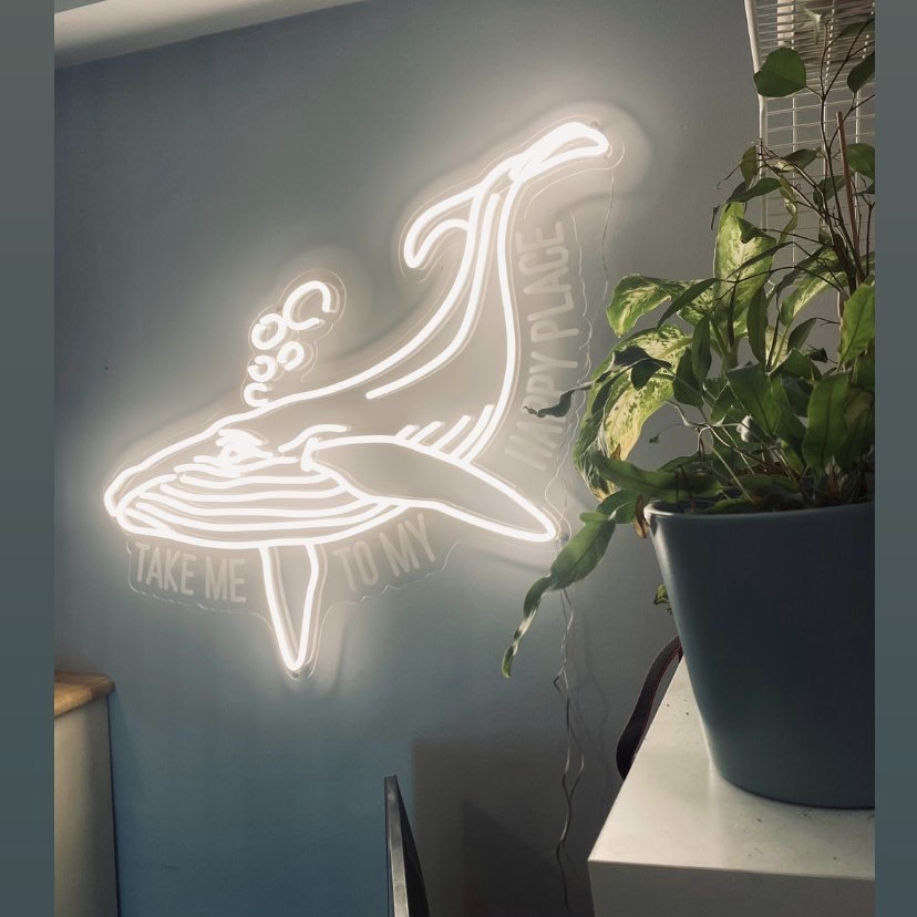Custom Neon® white LED neon whale with UV printed text