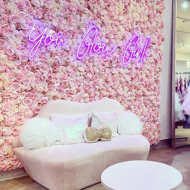 Pink Flower wall with purple neon sign by Custom Neon® @michellewalshdesigns