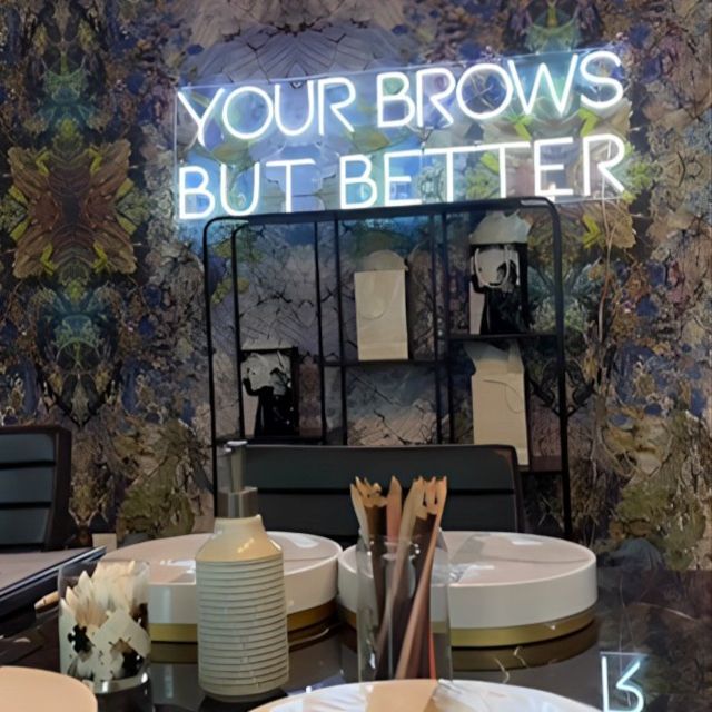 Warm white your brows but better aesthetic Custom Neon® selfie wall sign @browfairypmu